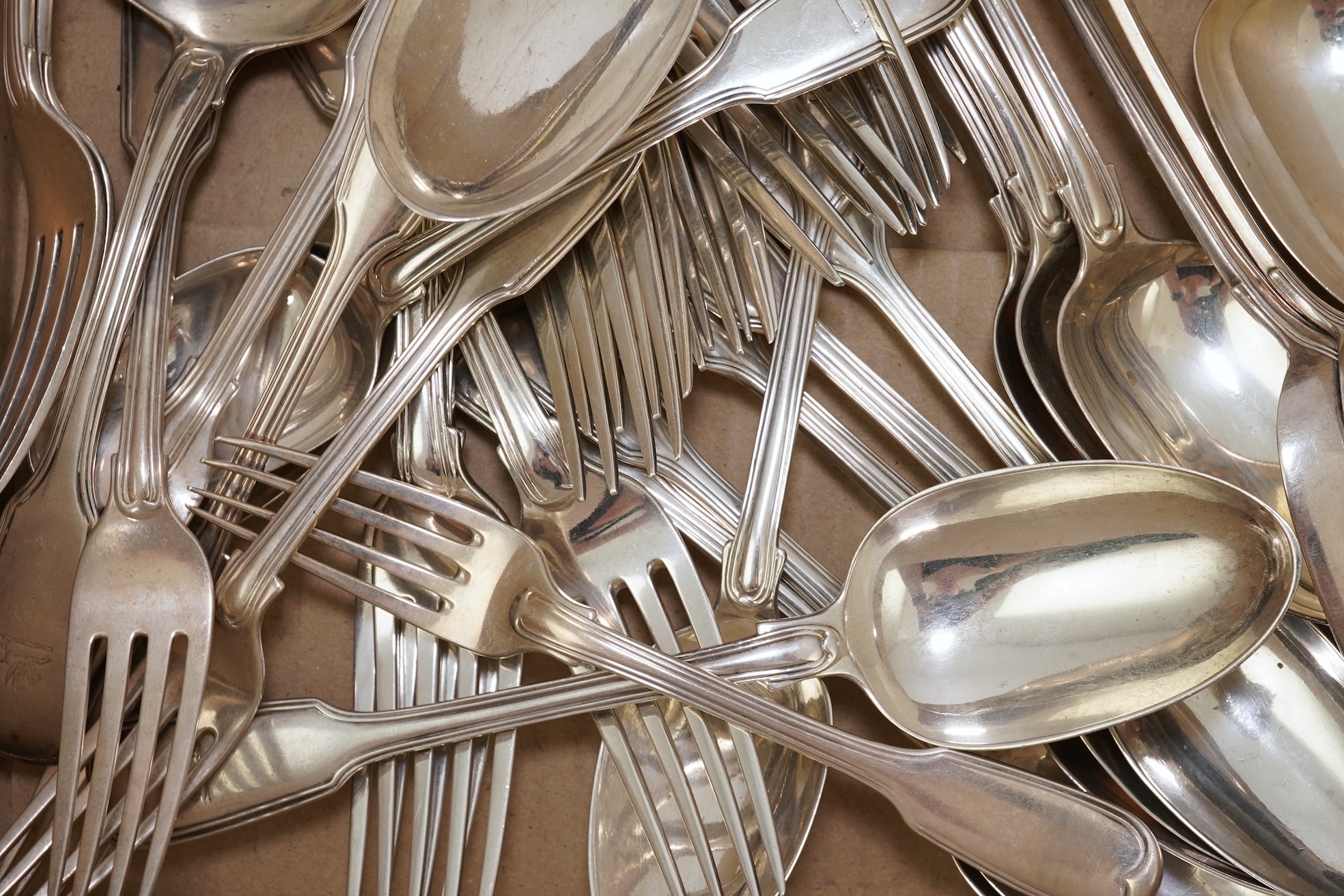 A part canteen of Victorian silver double struck fiddle and thread pattern flatware, by George Adams
